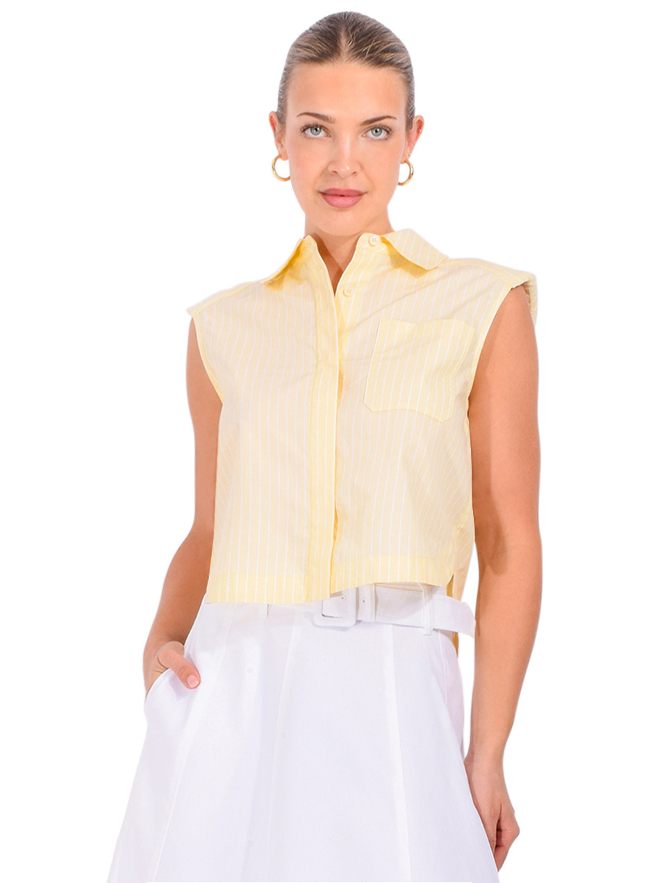 SIMKHAI Winslow Cropped Shirt in Buttercream Stripe Front View 