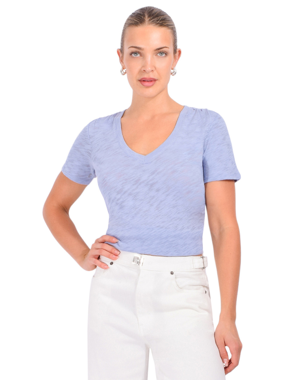 ATM Slub Jersey Classic V-Neck Tee in Cool Blue Front View 