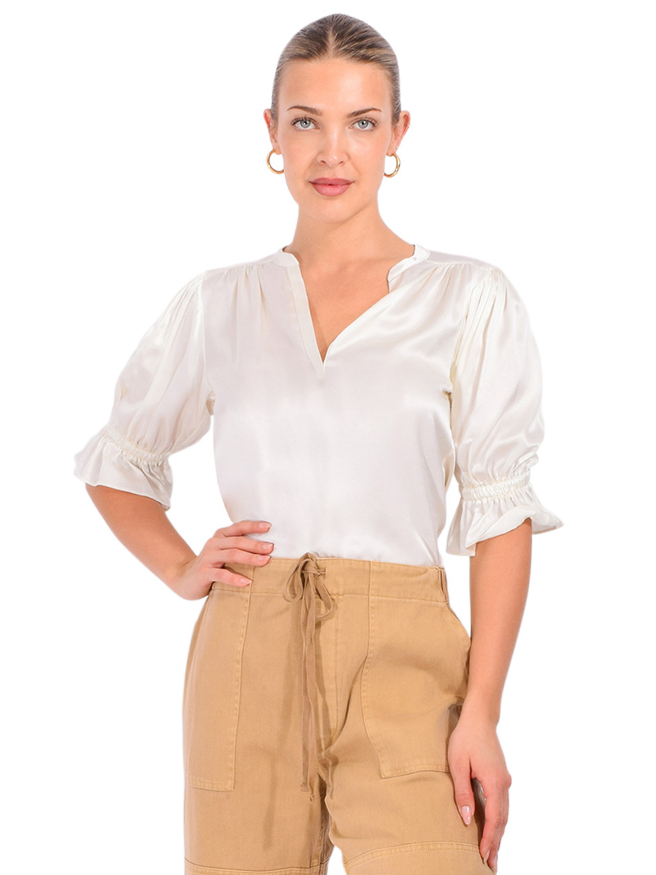 CINQ À SEPT Split Neck Fiona Top in Ivory Front View 