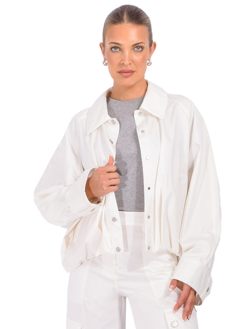 3.1 PHILLIP LIM Snap Front Blouson Bomber Jacket in Tofu Front View 