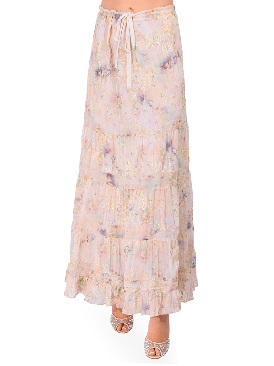 ANNA SUI Oasis Blooms Tiered Skirt in Corn Multi Front View 