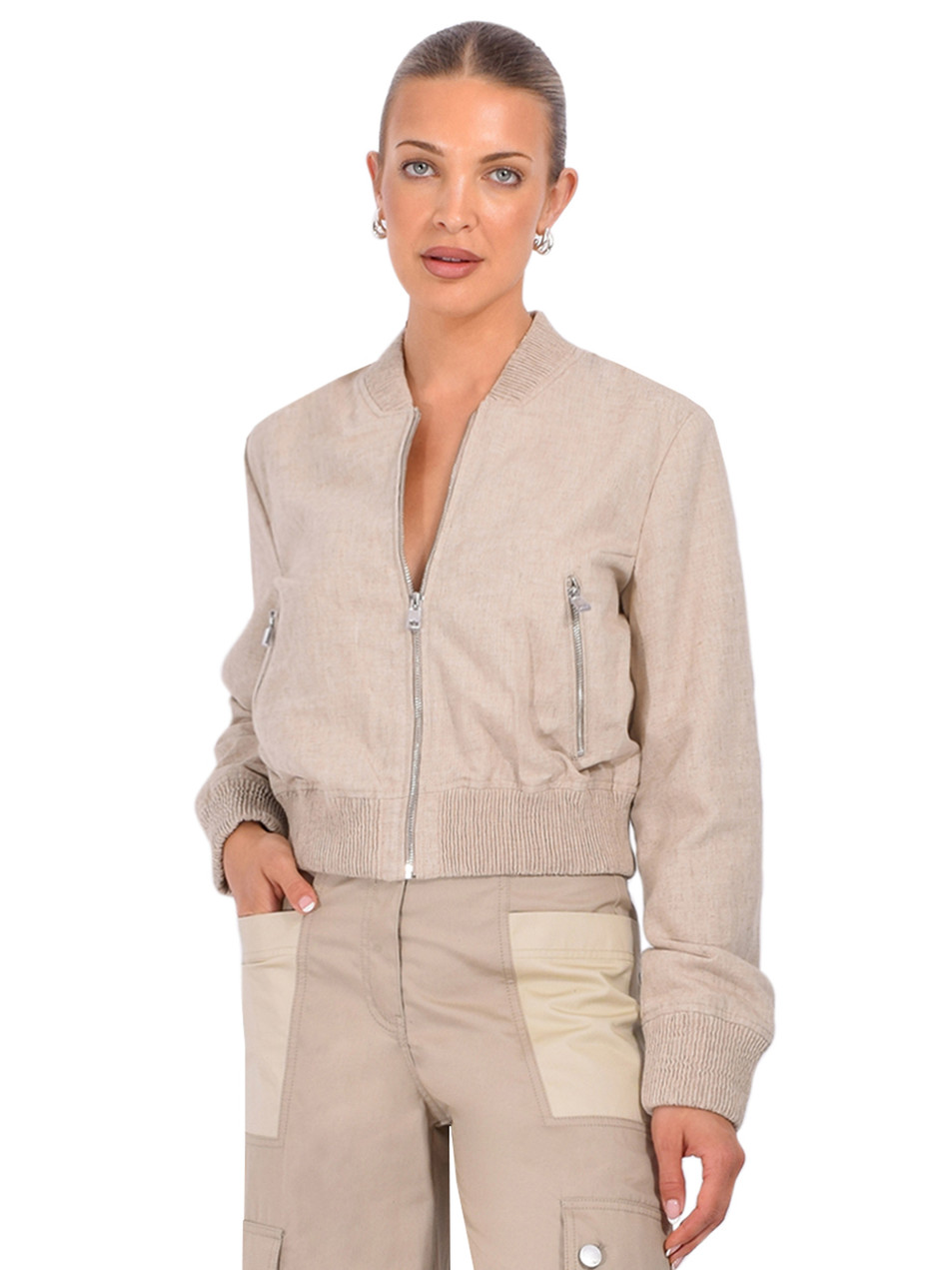 LAMARQUE Greer Bomber Jacket in Beige Front View 