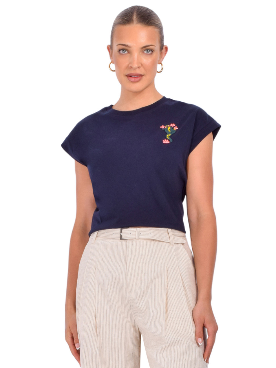 ESSENTIEL ANTWERP Jungala Embroidered T-Shirt in Navy Front View 