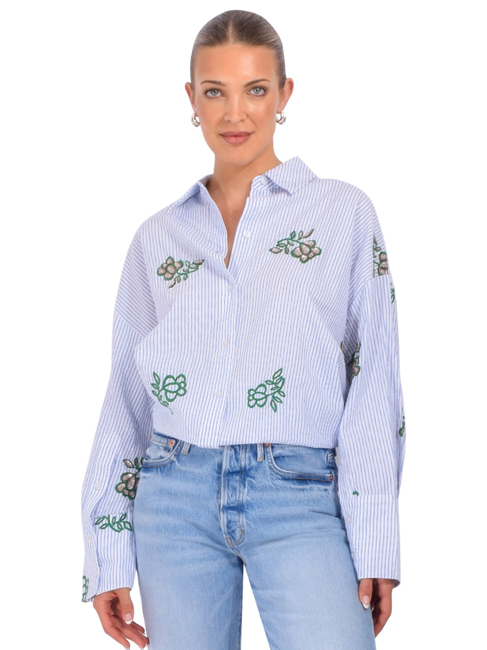 ESSENTIEL ANTWERP Jalinki Embroidered Shirt in Off-White Multi Front View 