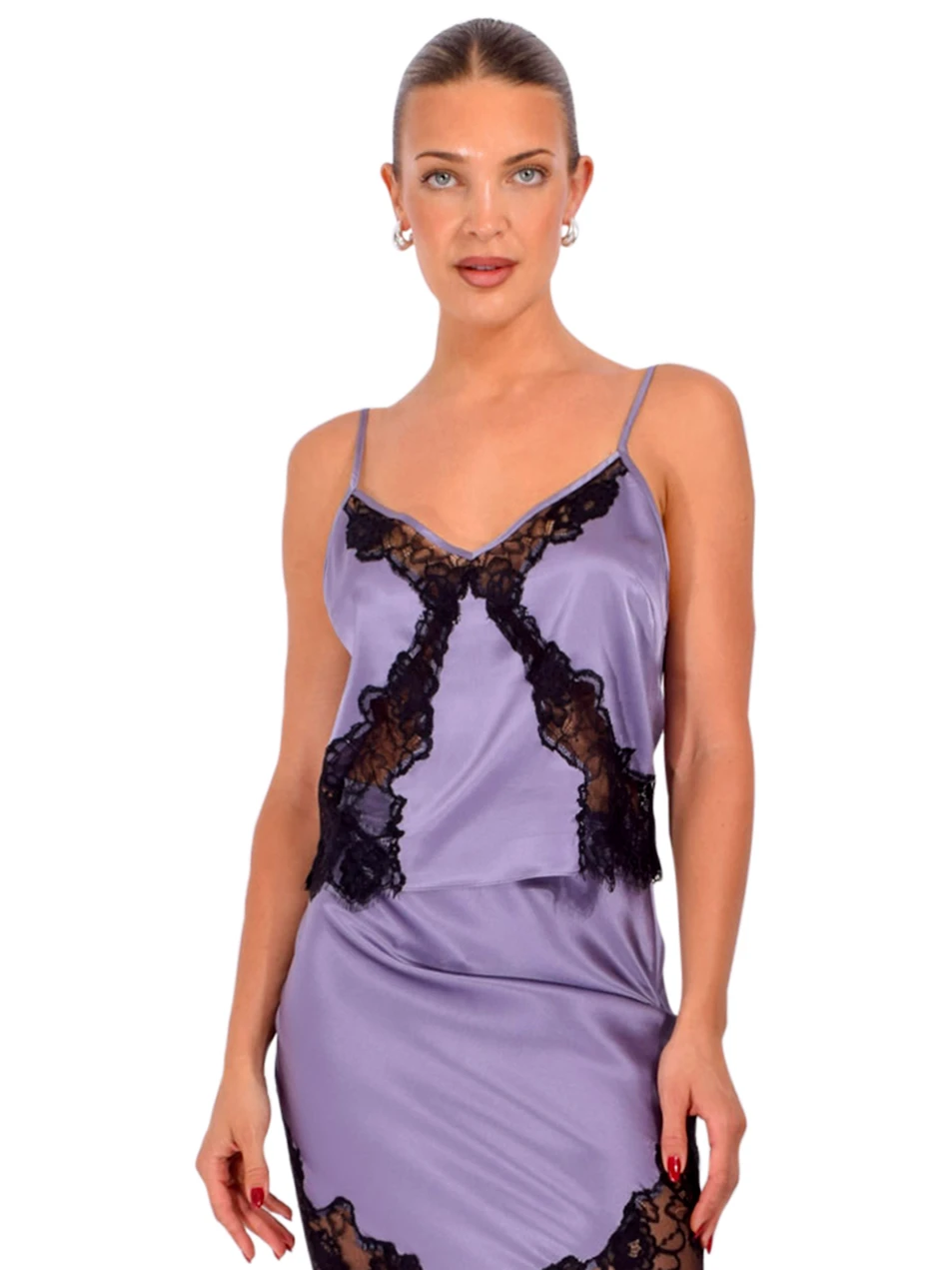 FLEUR DU MAL Juliet Lace Silk Cami in Lavender Smoke Front View
