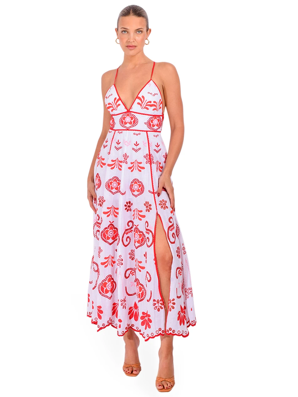 CHARO RUIZ Gardea Long Dress in White/Red Front View 1