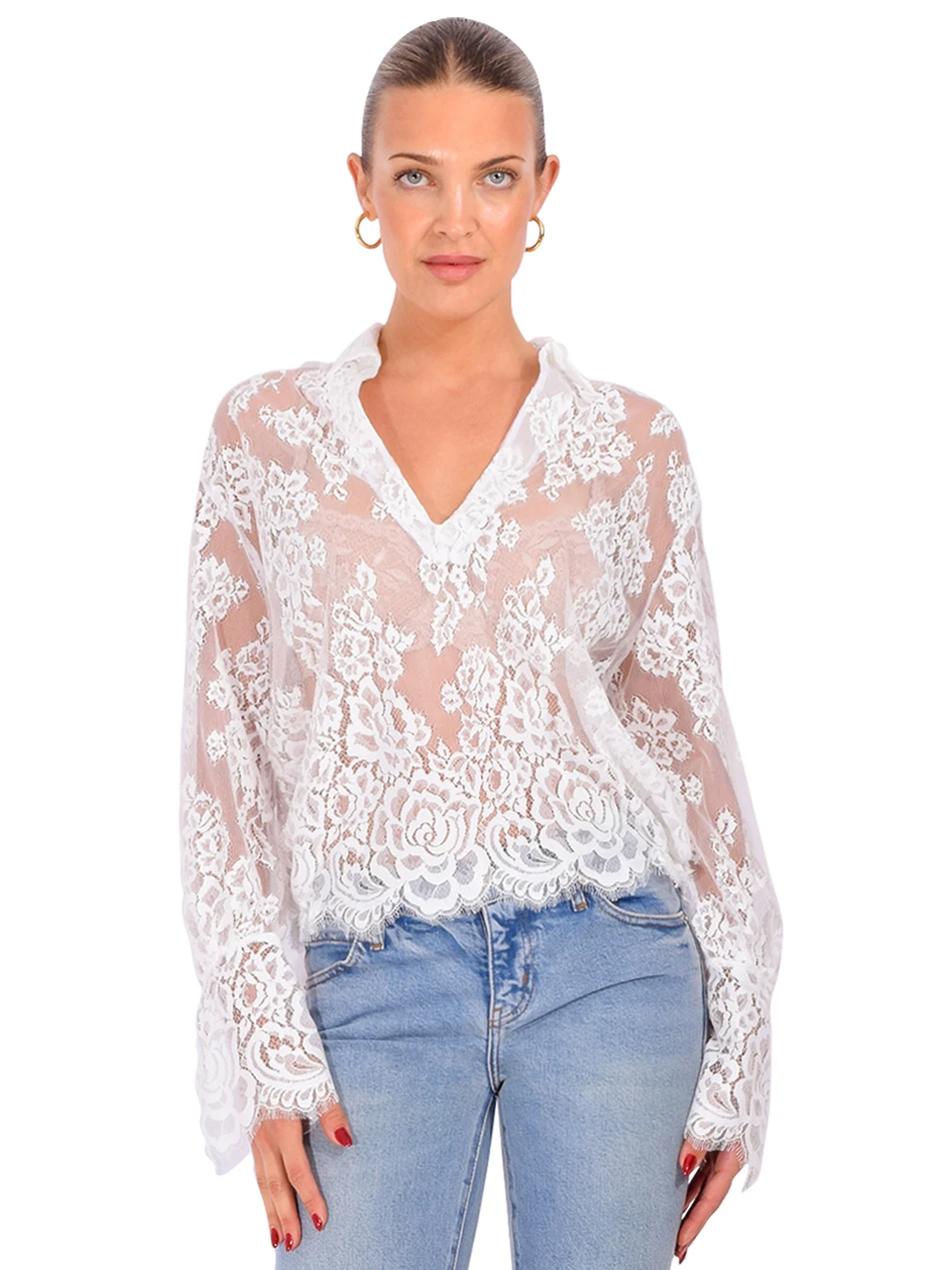 CISSA The Victorian Blouse in White Raschel Lace Front View 
