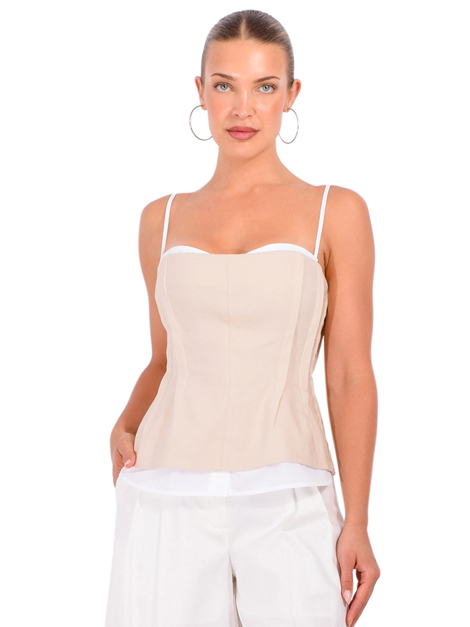SIMKHAI Cayden Linen Bustier Top in Sand Multi Front View 