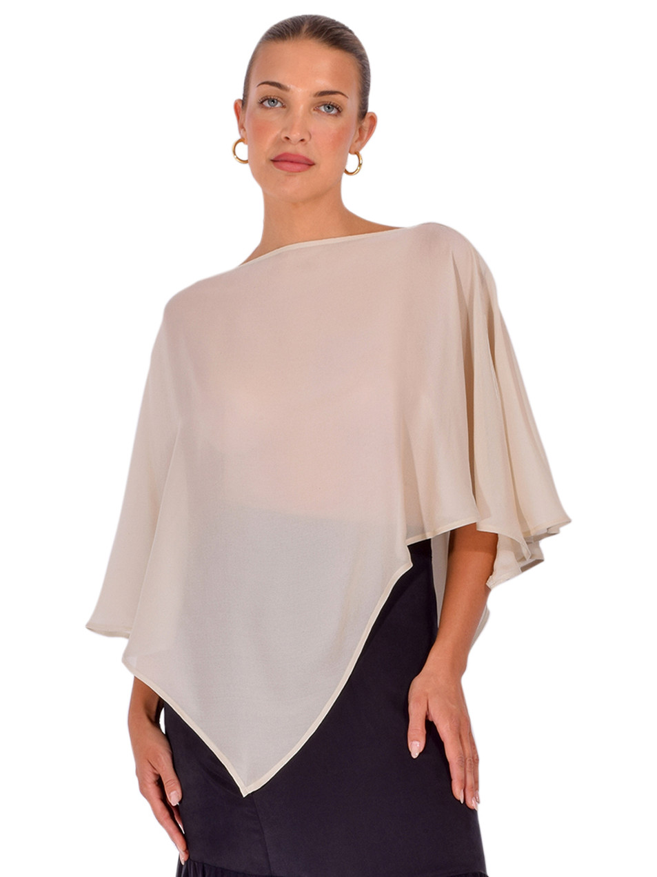 STAVII Silk Georgette Poncho in Latte Front View