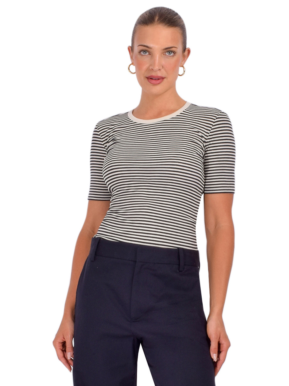 FRAME The Fine Rib Crew Tee in Cream Multi Front View 
