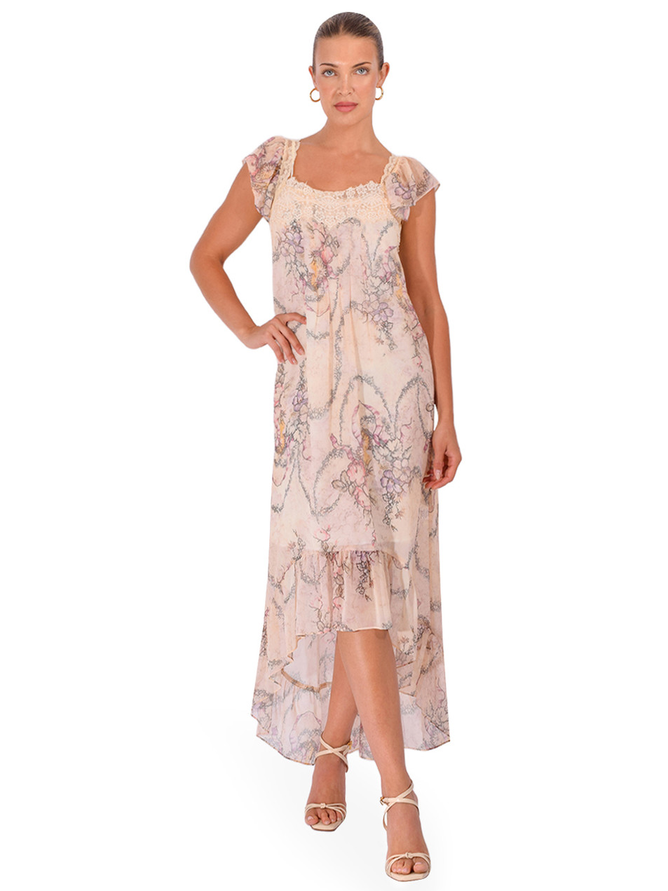 ANNA SUI Spirit Bloom Chiffon Ruffle Dress in Linen Multi Front View 1