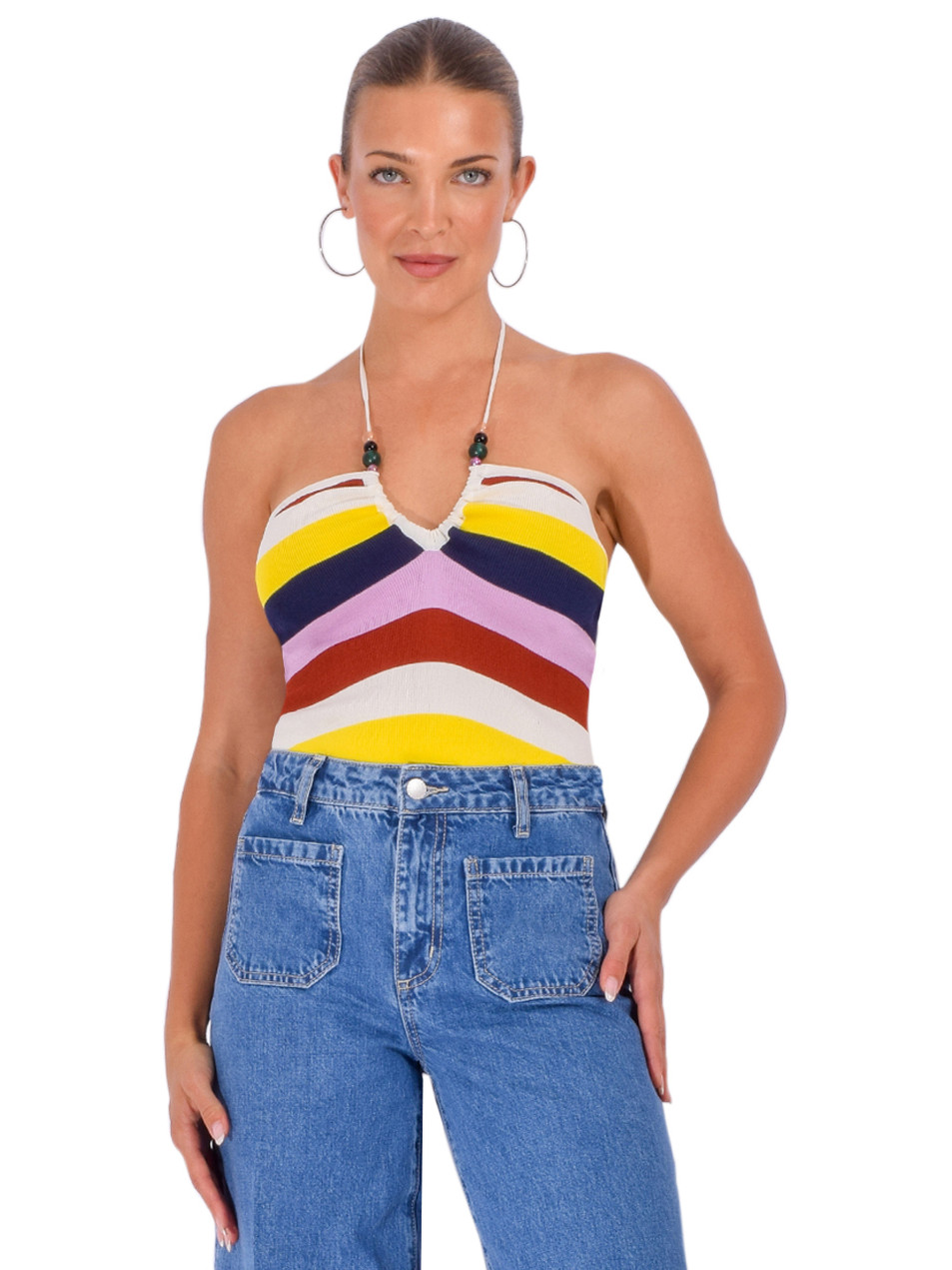 ESSENTIEL ANTWERP Jellie Striped Halter Knit Top in Off-White Multi Front View 