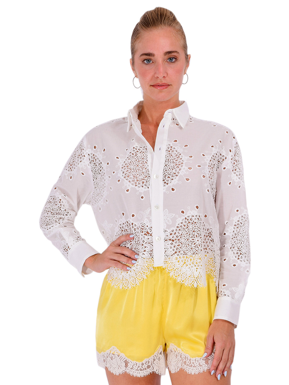 CISSA The Belle Venetian Embroidery Shirt in White Front View 