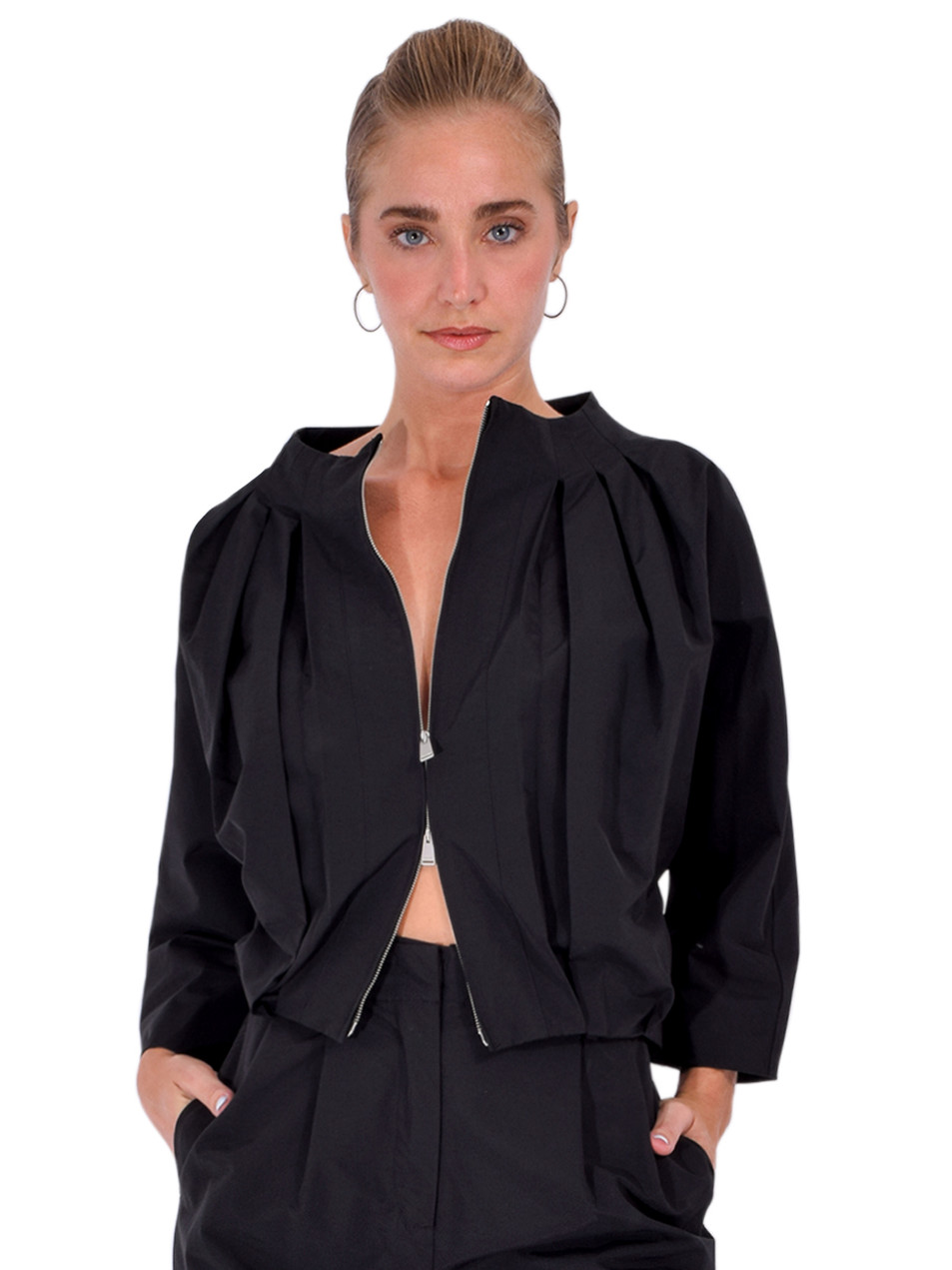 SIMKHAI Jess Pleated Jacket in Black Front View 