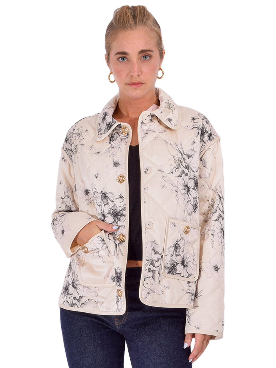 CINQ À SEPT Hand Sketched Floral Alexa Jacket in Gardenia/ Black Front View 