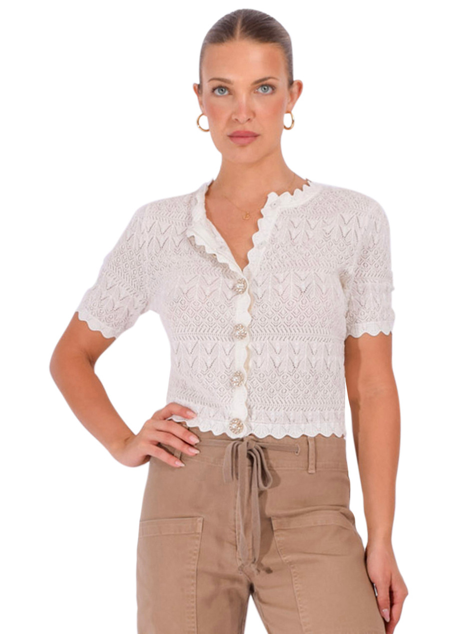 SELF-PORTRAIT Pointelle Knit Top in White Front View 