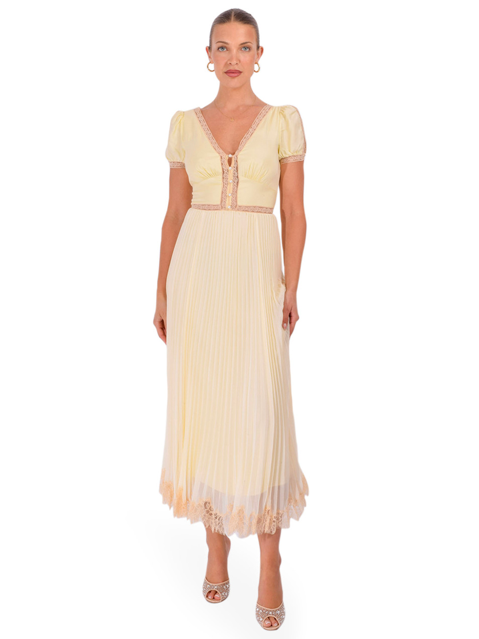 SELF-PORTRAIT Pleated Lace Midi Dress in Yellow Front View 1