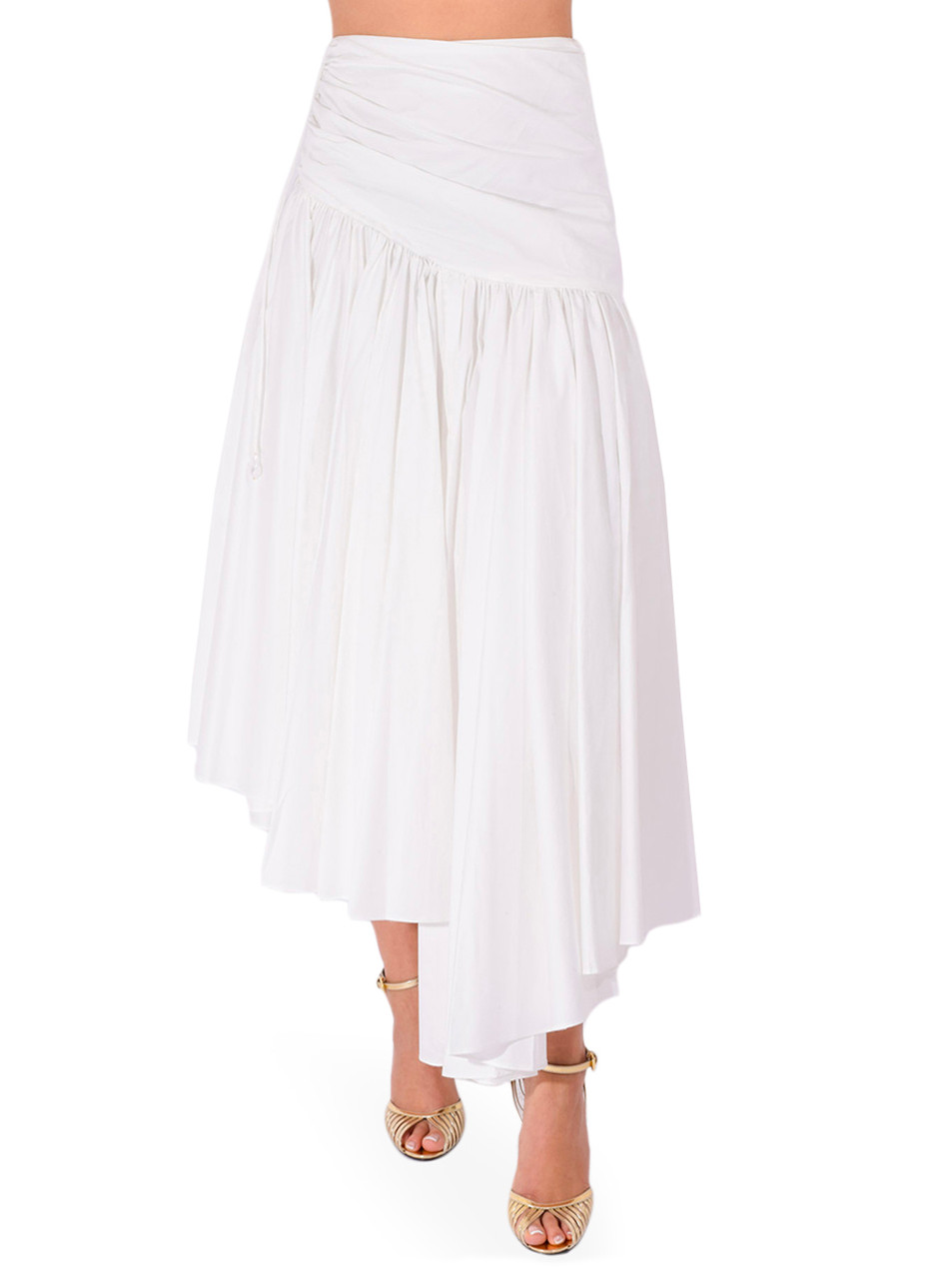 SELF-PORTRAIT Cotton Asymmetric Midi Skirt in White Front View 
