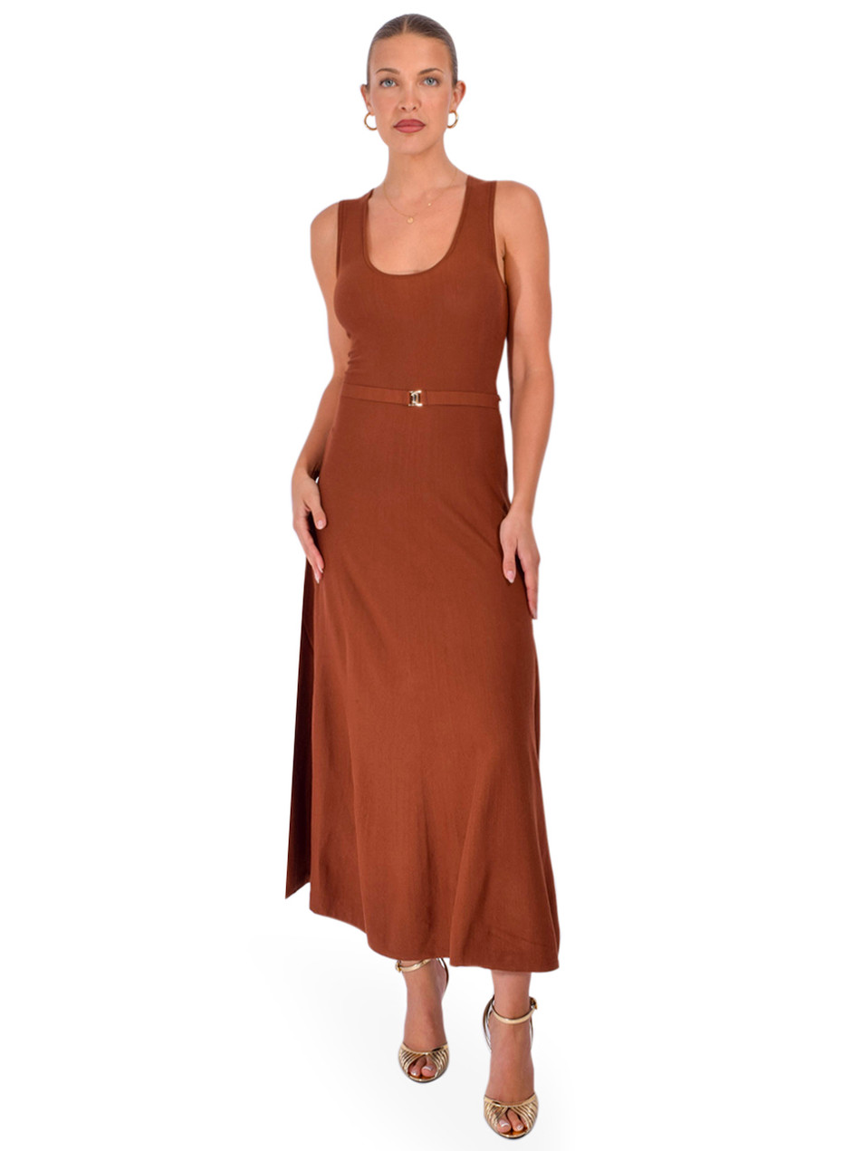 KARINA GRIMALDI Ariene Knit Dress in Copper Cedar Front View 1