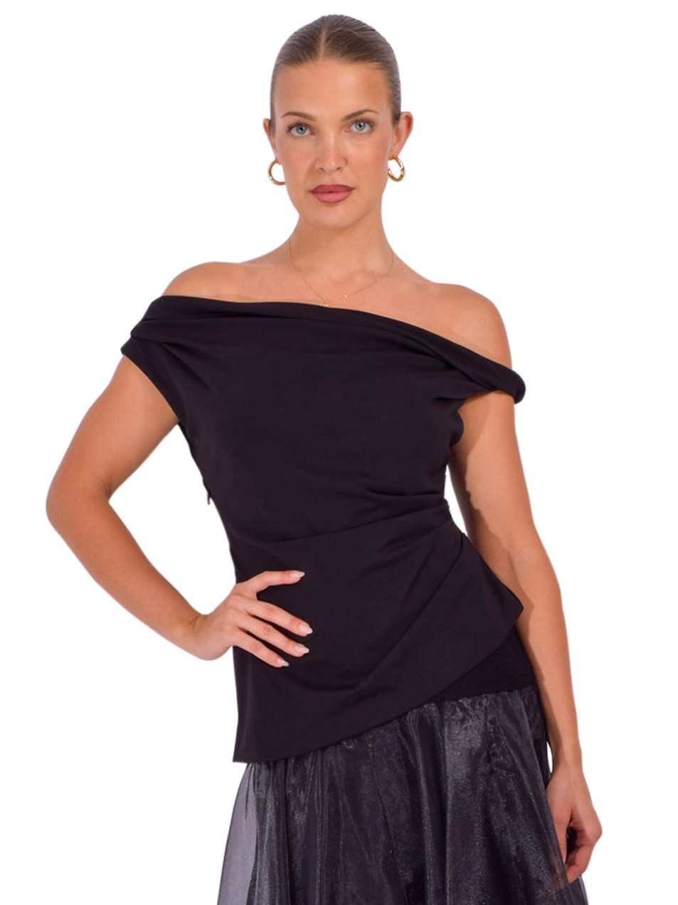SIMKHAI Zerra Draped Top in Black Front View 