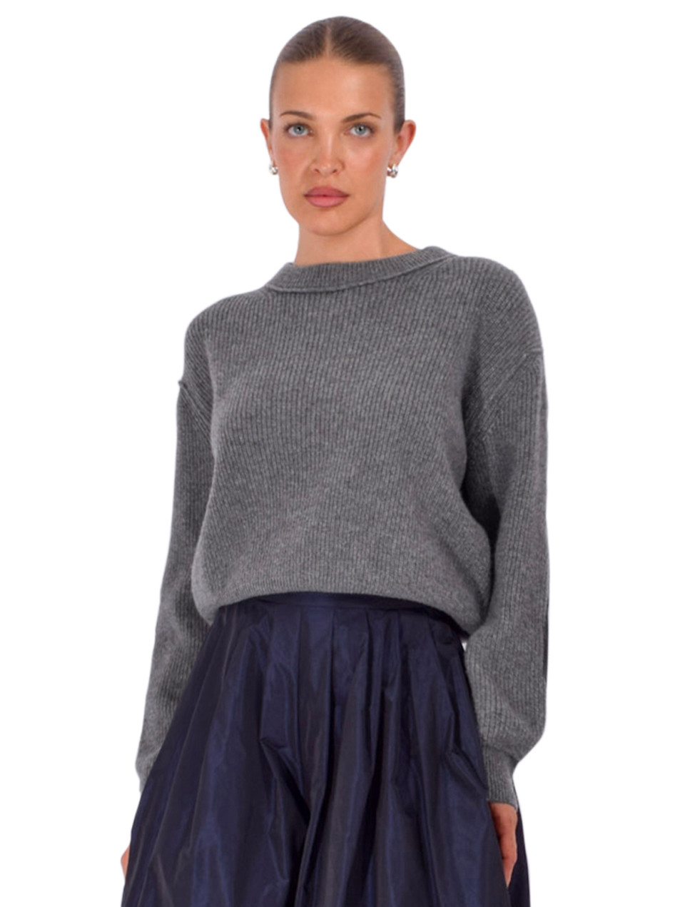 PIER ANTONIO GASPARI Sweater with Leather Patch Detail in Gray Front View 