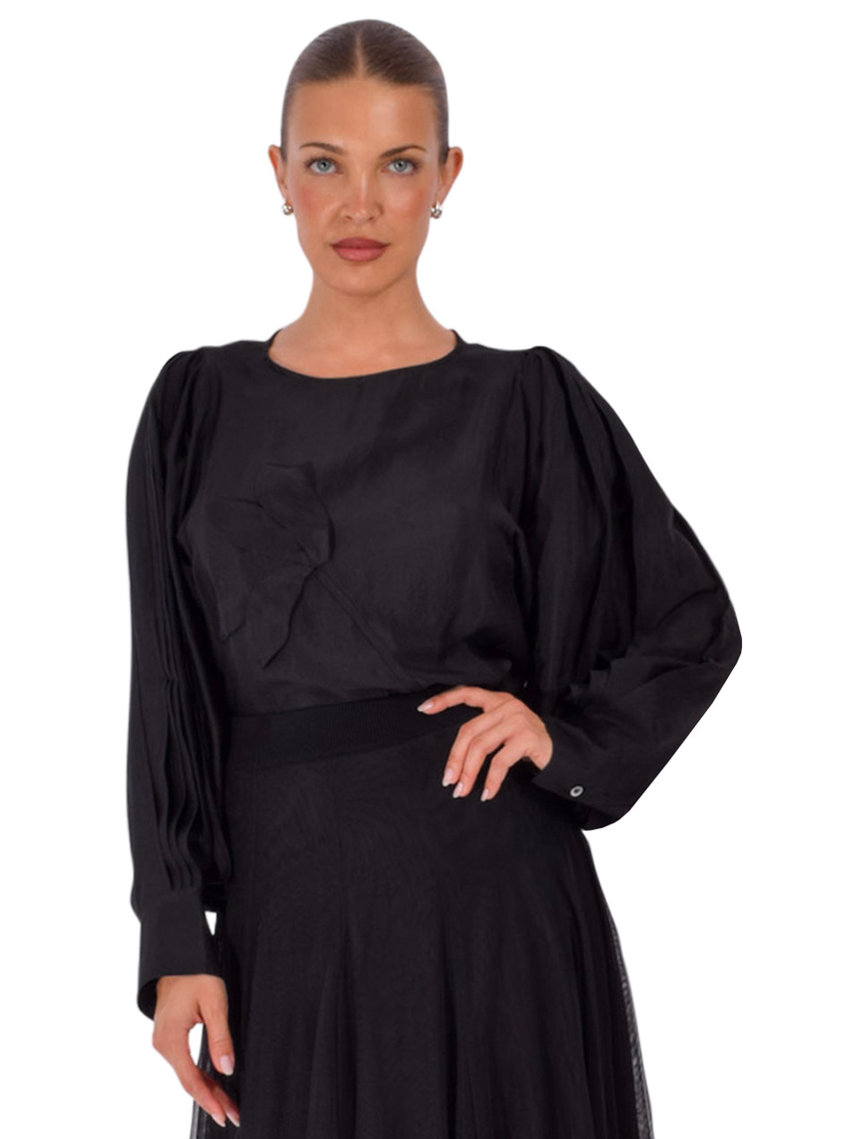 JESIE LIU Flower Appliqué Blouse with Pintuck Sleeves in Black Front View