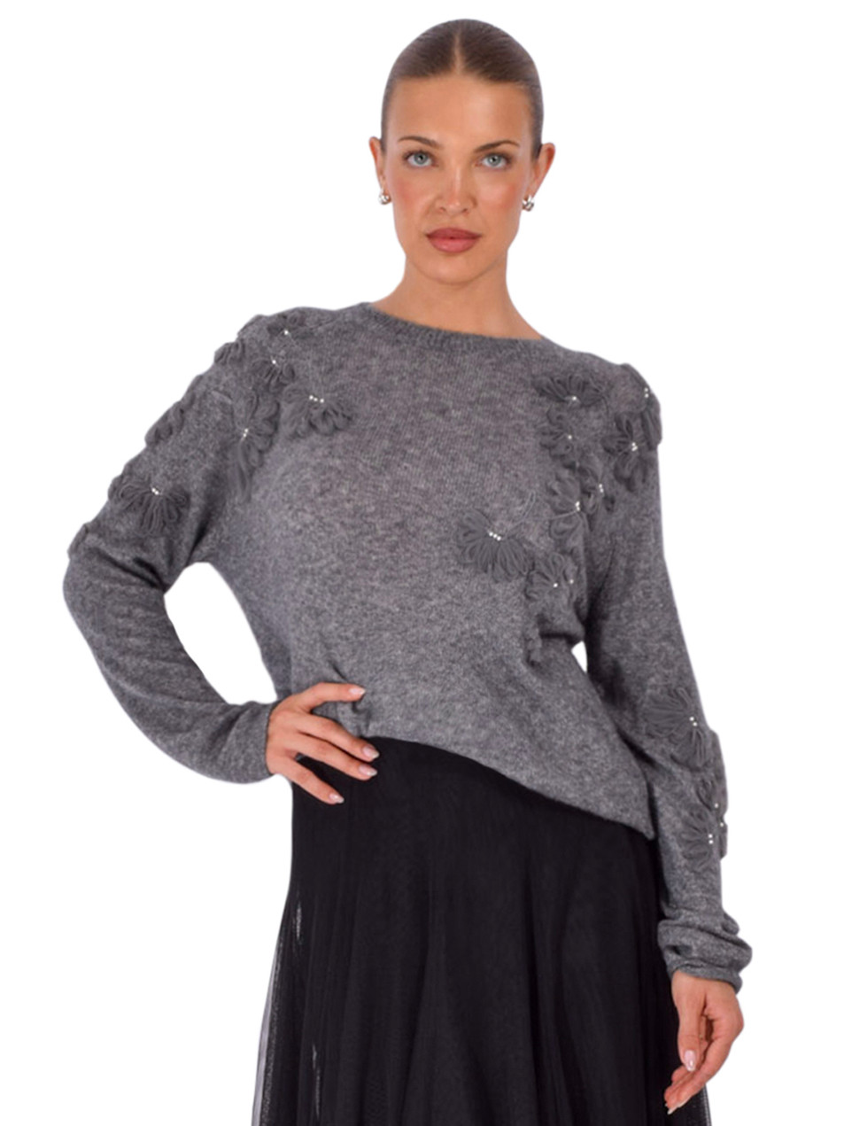 JESSIE LIU Cashmere Blend Raglan Sleeve Pullover with Appliqué in Gray Front View 