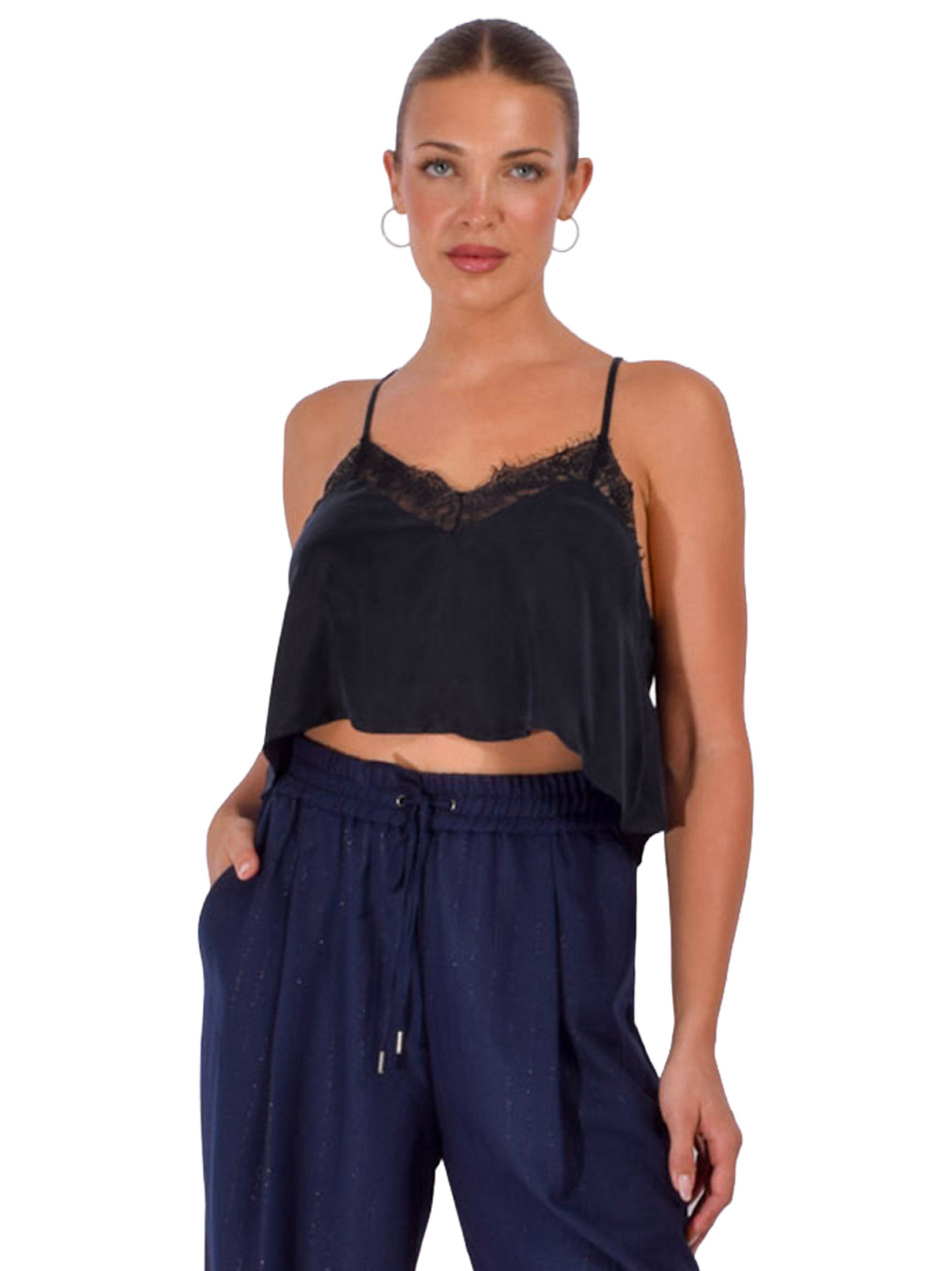 RE/DONE Isla Lace Camisole in Black Front View 