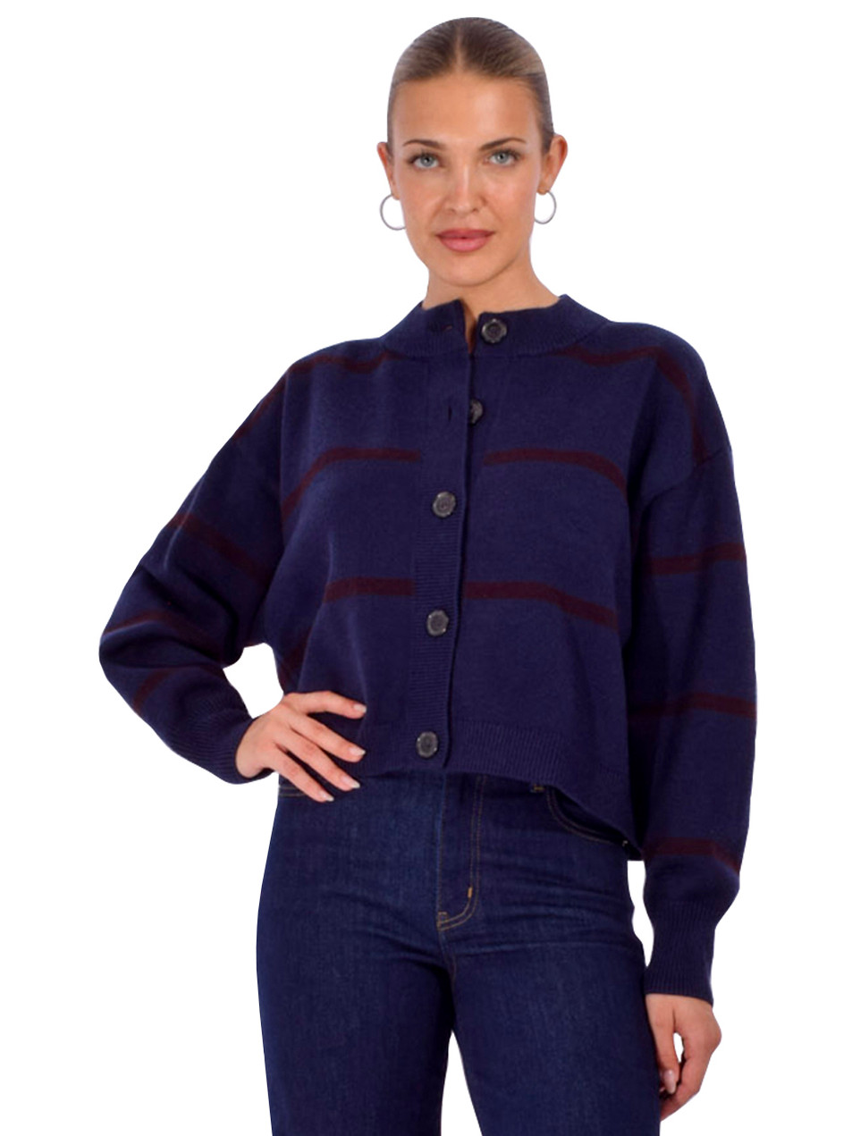 FRAME The Easy Femme Cardigan in Navy Stripe Front View 