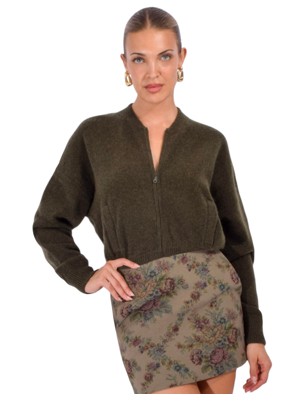 MINNIE ROSE Cashmere Cropped Bomber in Green Front View 