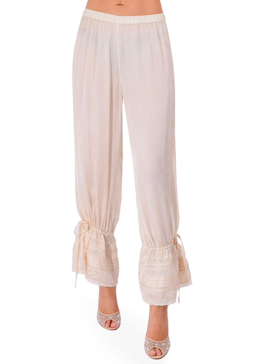 OTTOD'AME Palazzo Trousers with Embroidery in Ivory Front View 