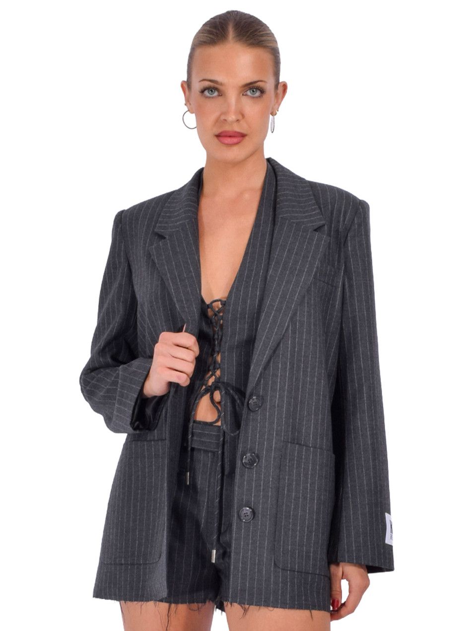RE/DONE Didion Blazer in Gray Pinstripe Front View 