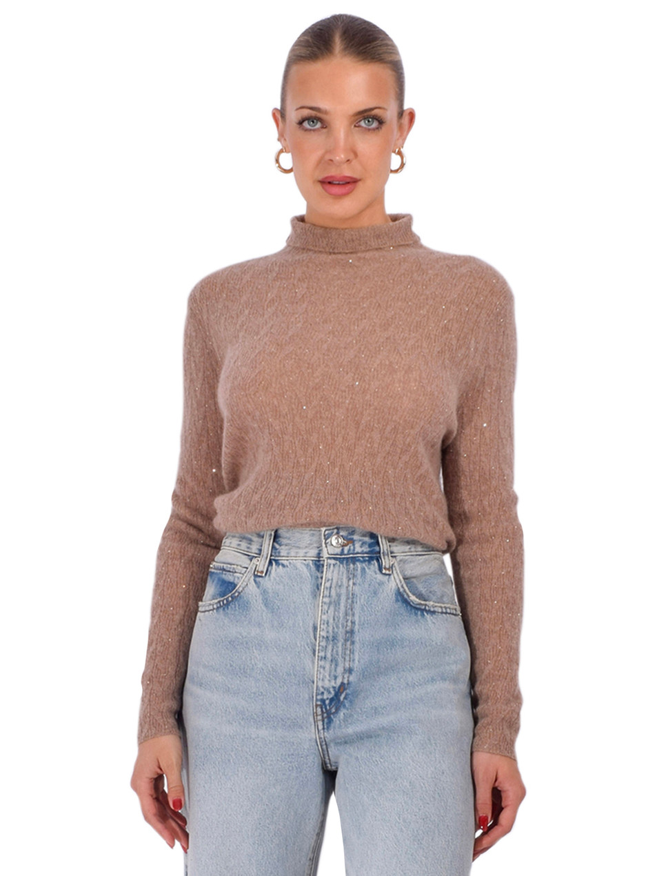 JESSIE LIU Extra Fine Cashmere Turtle Neck Sweater with Rhinestones in Camel Front View 
