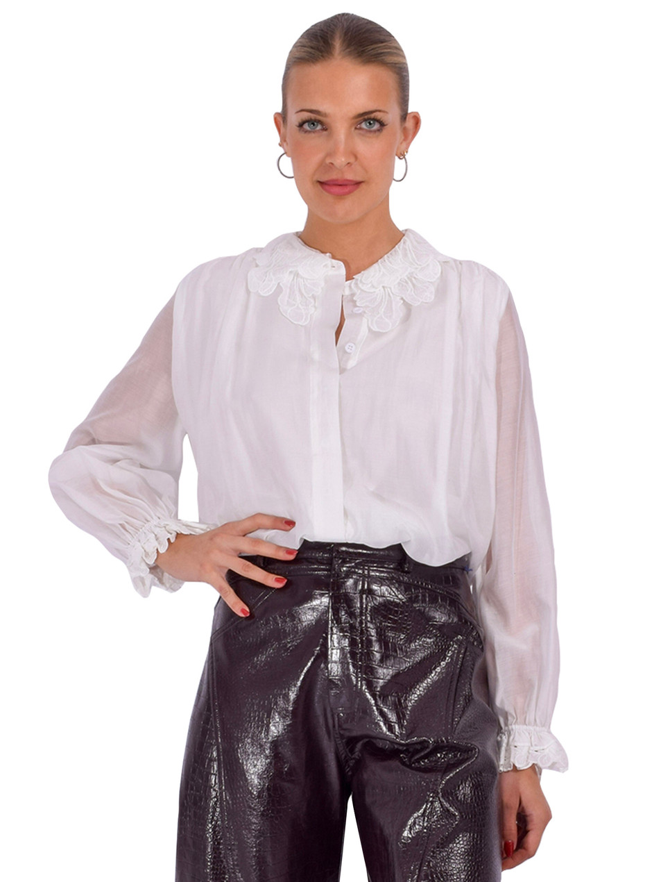 JESSIE LIU Silk Tencel Blouse with Lace Collar in White Front View 
