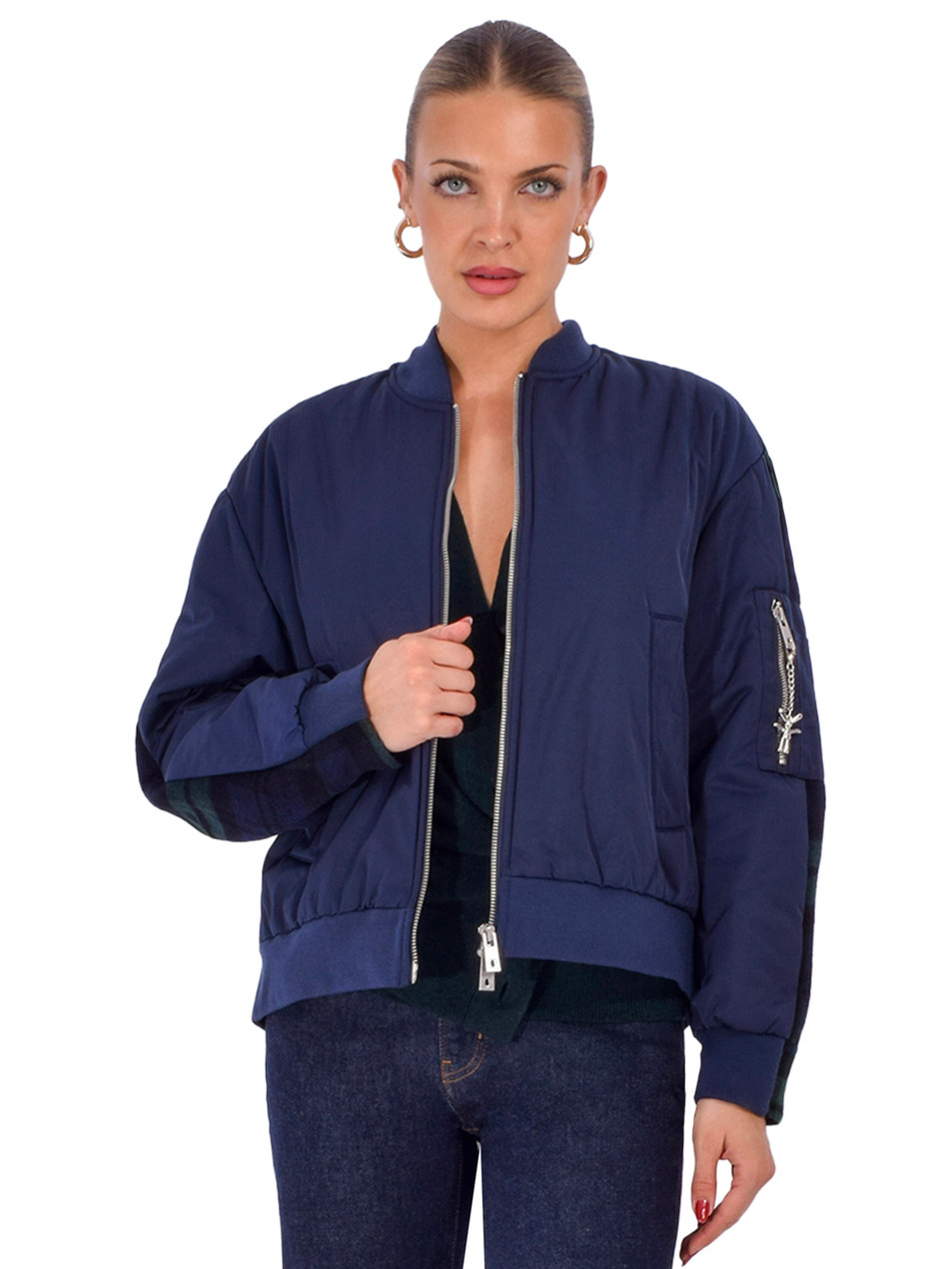 OTTOD'AME Plaid Colorblock Bomber in Blue/Green Front View 