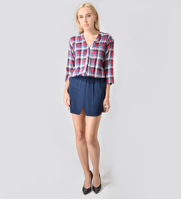 Line Dry The Celia Plaid/Navy Shirttail Dress Front View 