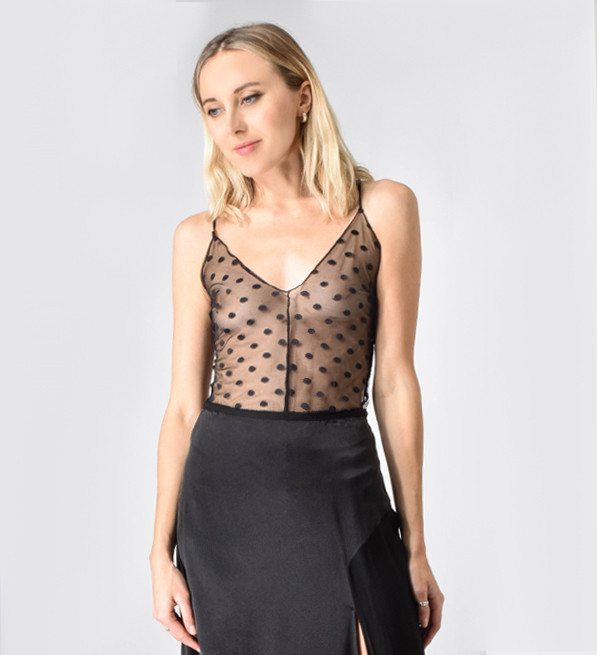 Sam & Lavi Lace Polka Dot Nicola Camisole in Black Close Up Front View 