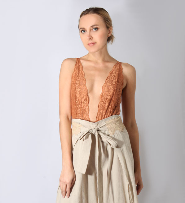 HAH Comin' in HAHT Lace Bodysuit in Brown Sugar Close Up Front View