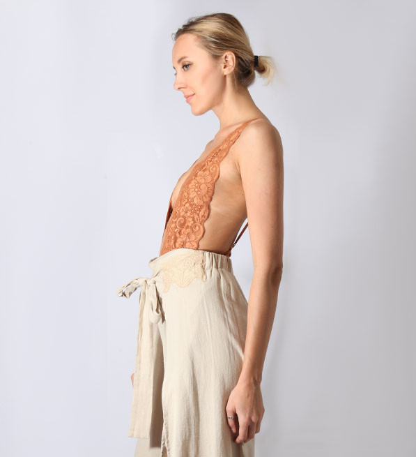 HAH Comin' in HAHT Lace Bodysuit in Brown Sugar Side View 
