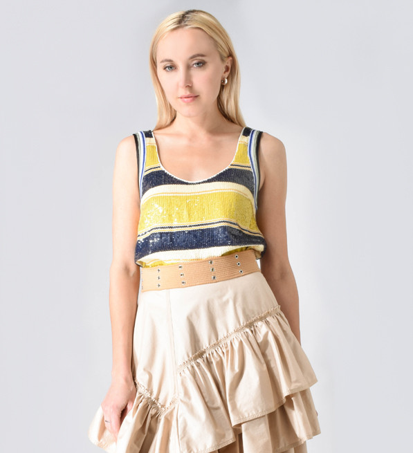 3.1 Phillip Lim Striped Sequin Tank in Yellow and Navy Close Up Front View 