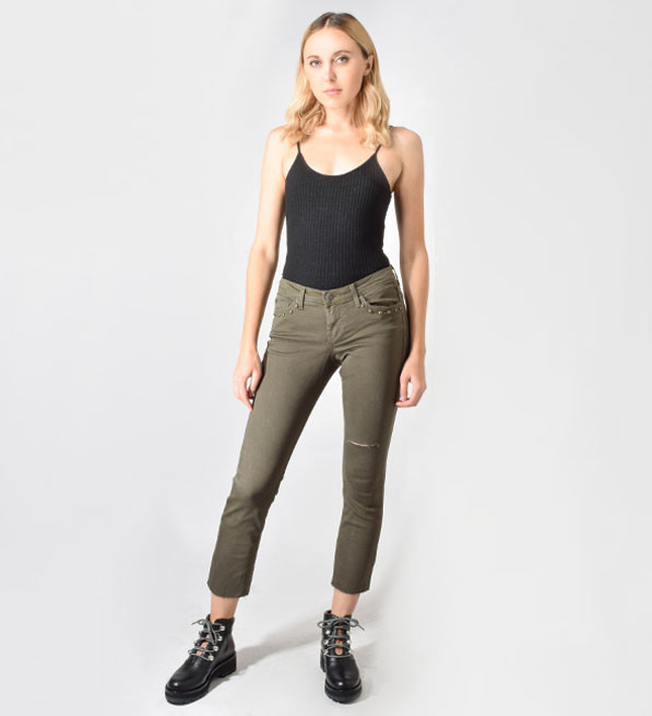 JET John Eshaya Studded Boyfriend Jean in Army Green Front View 