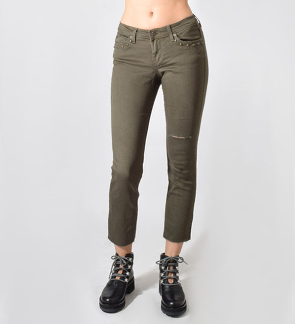 JET John Eshaya Studded Boyfriend Jean in Army Green Close Up Front View 