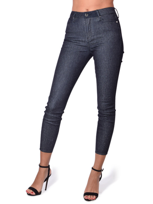 RTA Madrid High Waist Skinny Glitz Pants In Blue Close Up Front View 