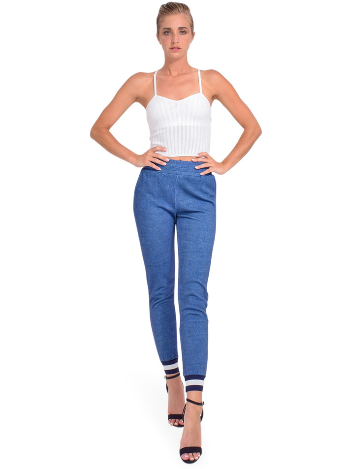 Alice + Olivia NYC Slim Jogger in Blue Denim Print Full Outift