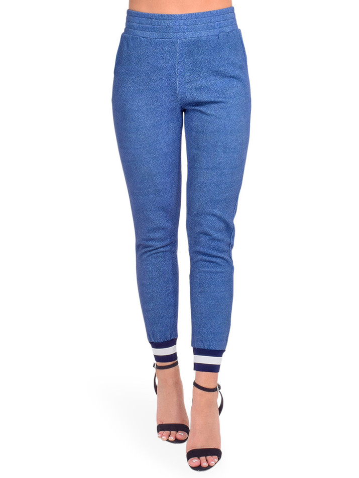 Alice + Olivia NYC Slim Jogger in Blue Denim Print Front View
