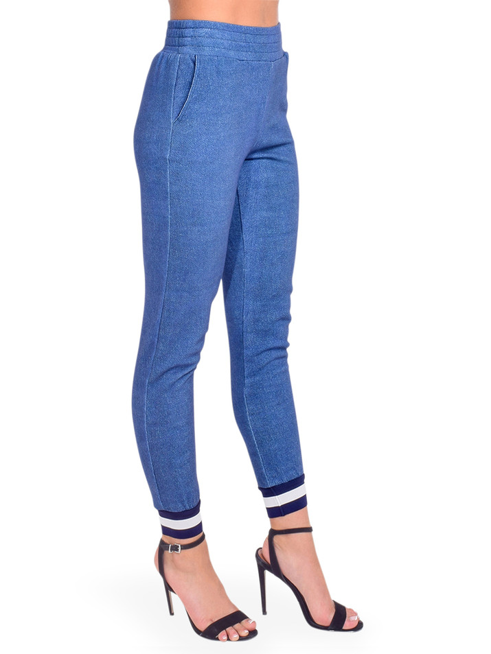 Alice + Olivia NYC Slim Jogger in Blue Denim Print Side View