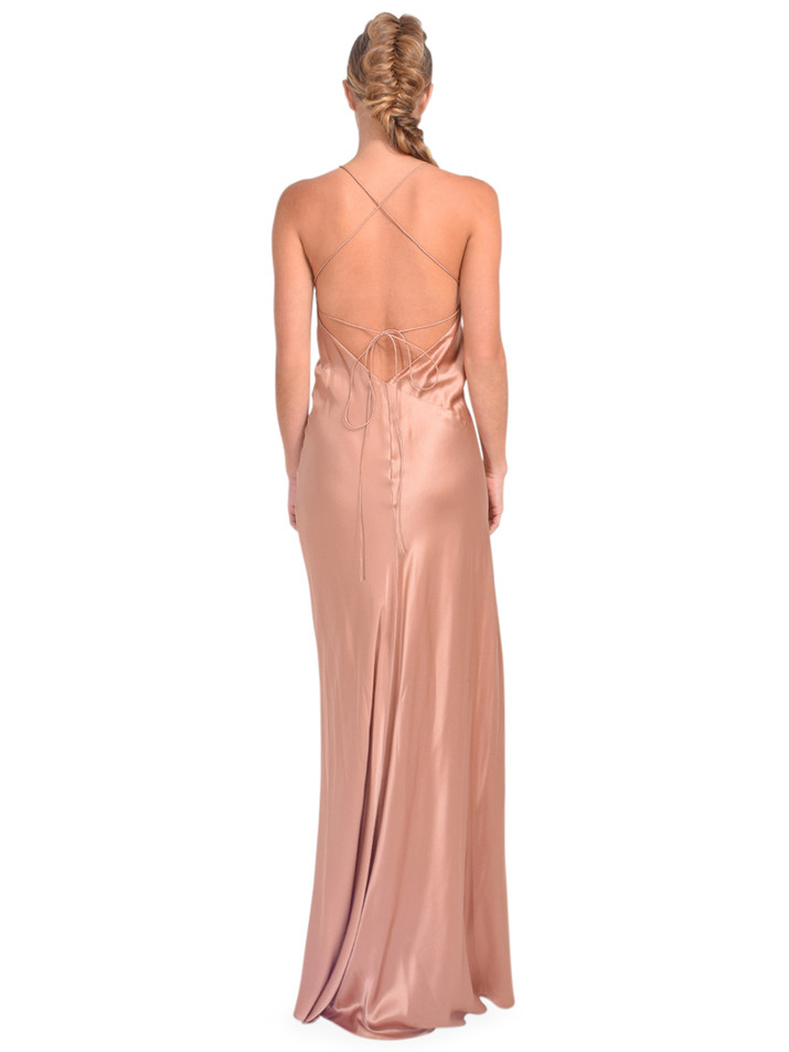 Michelle Mason SBias Gown with Slit in Terra Cotta Back View