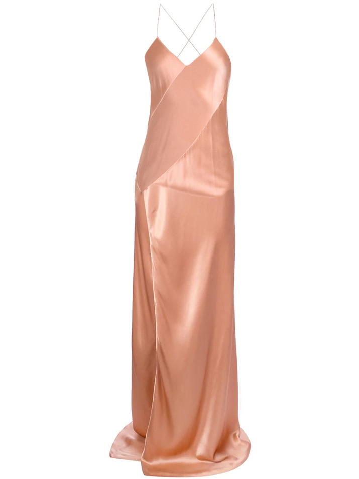 Michelle Mason SBias Gown with Slit in Terra Cotta Product Shot 