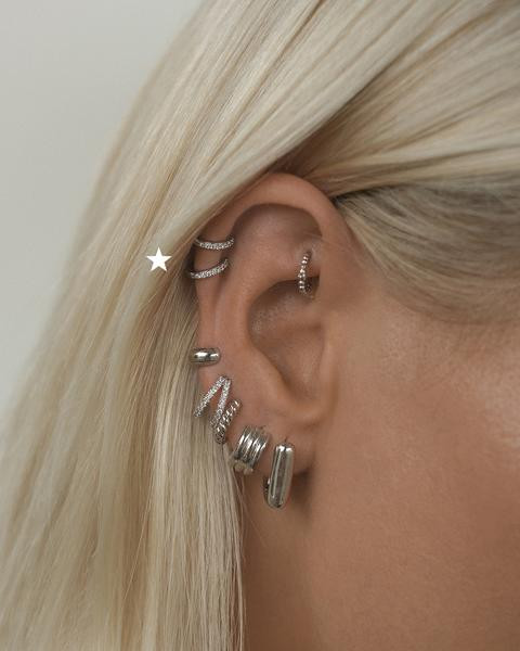 LUV AJ Pavé Bordeaux Huggies 9MM in Silver On Model
