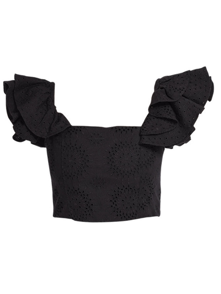 Alice + Olivia Tawny Square Neck Ruffle Crop Top in Black Product Shot 